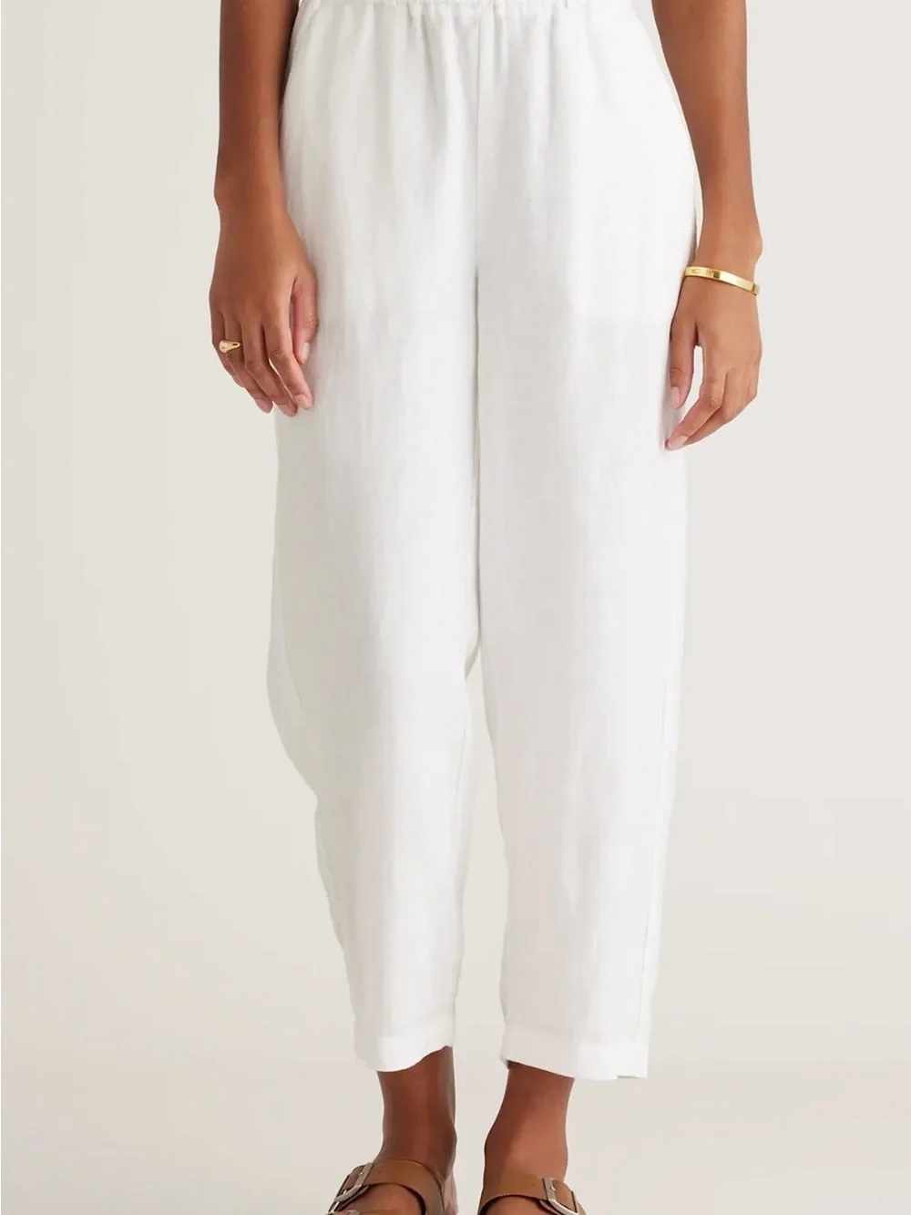 Quince White Elastic-Waist Cropped Linen-Blend Pants